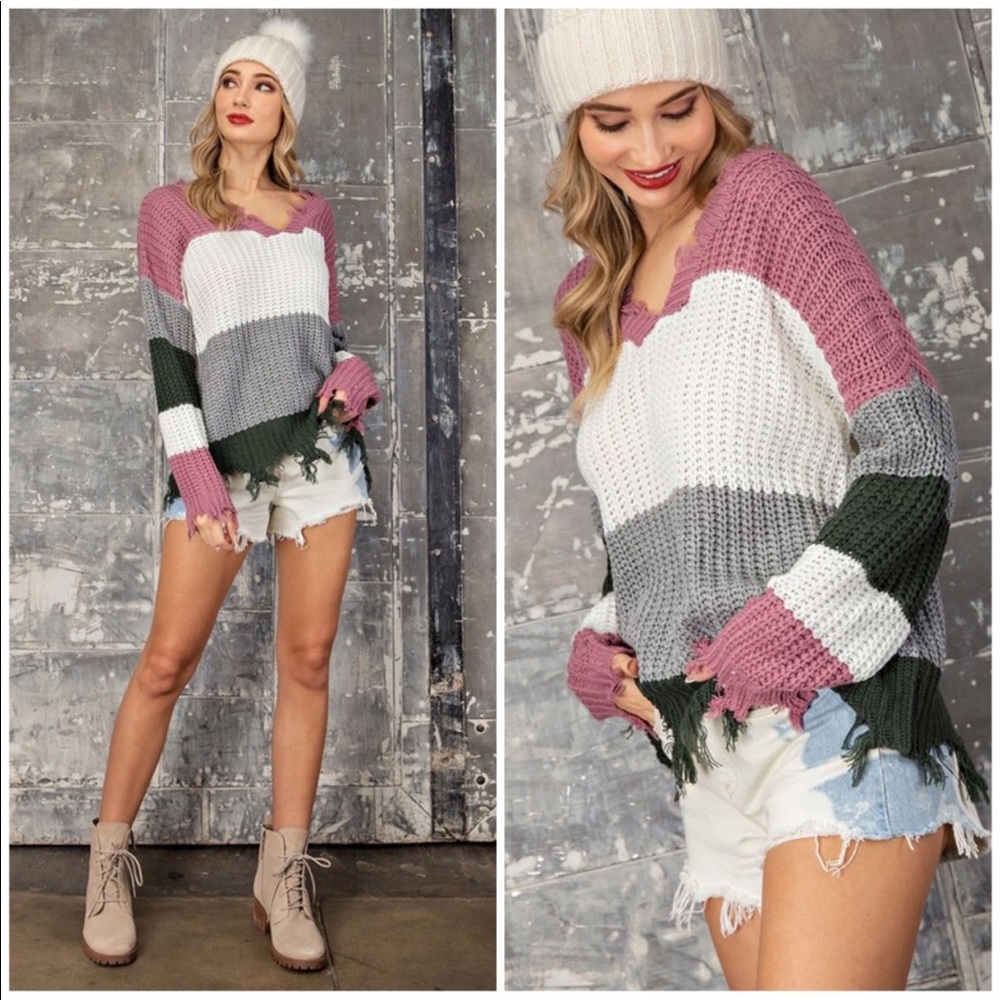 Off-Shoulder Deep V-Neck Distressed Sweater